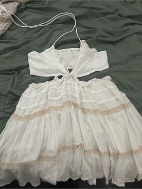 Surf Gypsy White Tiered Halter Dress with Beige Lace Trim